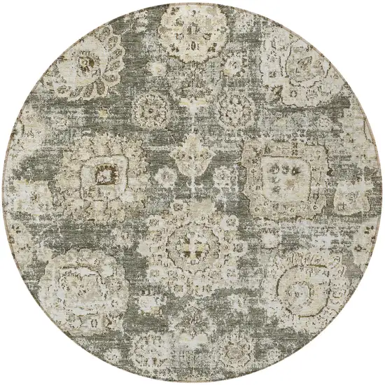 8' Taupe Beige And Gray Round Floral Washable Indoor Outdoor Area Rug Photo 5