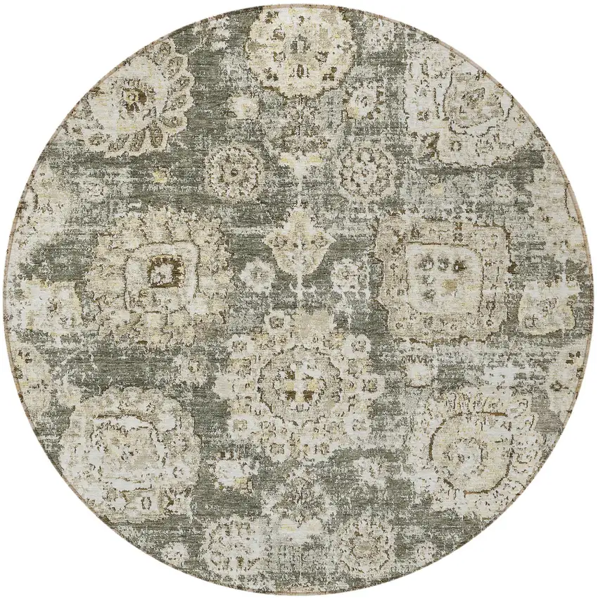 8' Taupe Beige And Gray Round Floral Washable Indoor Outdoor Area Rug Photo 5