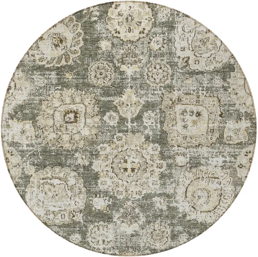 8' Taupe Beige And Gray Round Floral Washable Indoor Outdoor Area Rug Photo 5