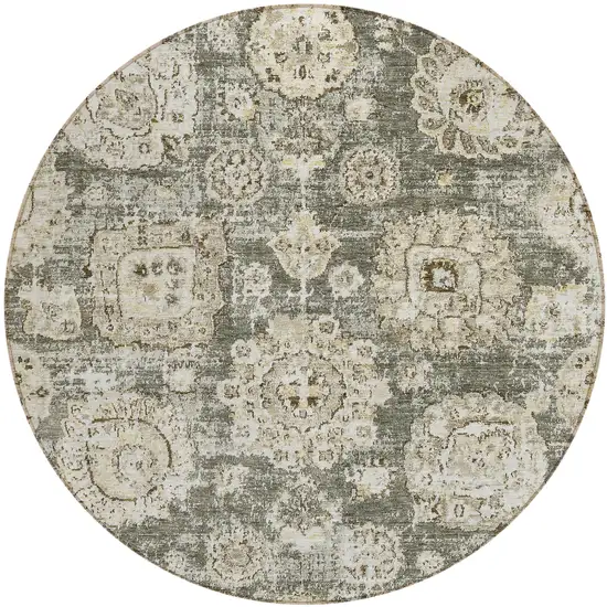 8' Taupe Beige And Gray Round Floral Washable Indoor Outdoor Area Rug Photo 1