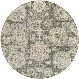 Photo of 8' Taupe Beige And Gray Round Floral Washable Indoor Outdoor Area Rug