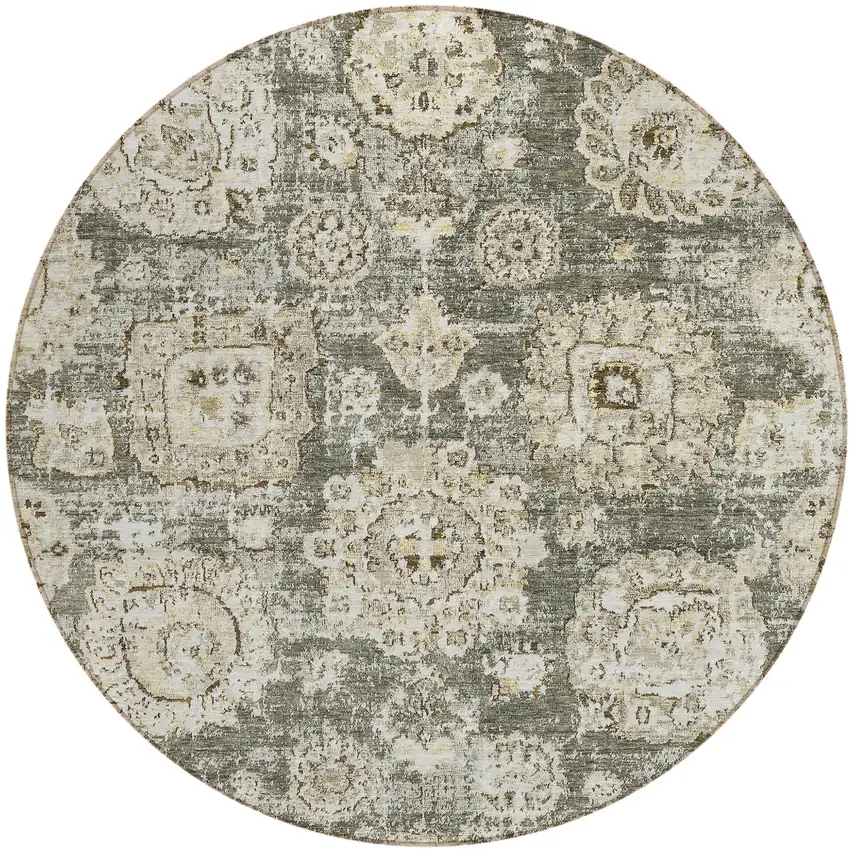 8' Taupe Beige And Gray Round Floral Washable Indoor Outdoor Area Rug Photo 1