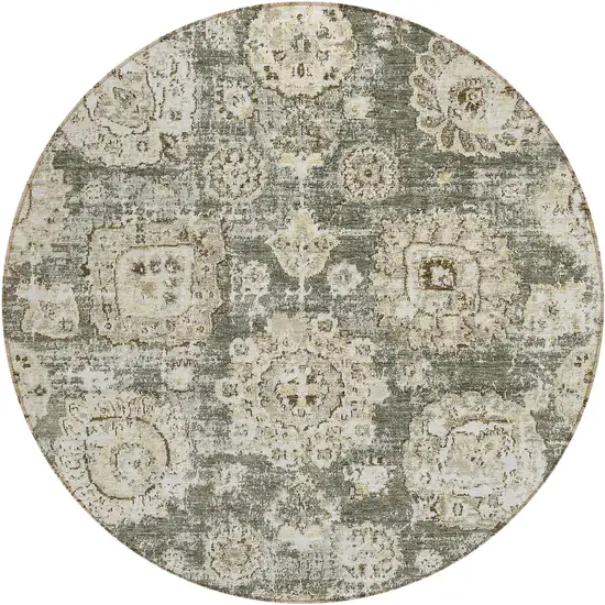 8' Taupe Beige And Gray Round Floral Washable Indoor Outdoor Area Rug Photo 1