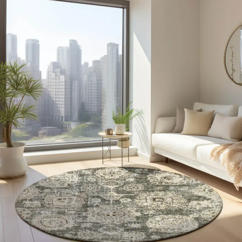 8' Taupe Beige And Gray Round Floral Washable Indoor Outdoor Area Rug Photo 7