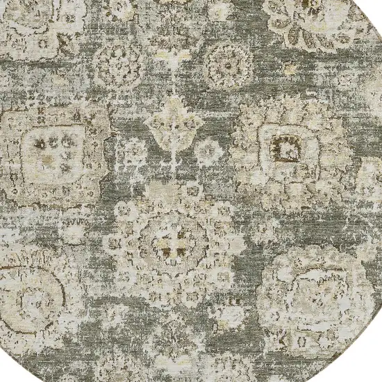 8' Taupe Beige And Gray Round Floral Washable Indoor Outdoor Area Rug Photo 4