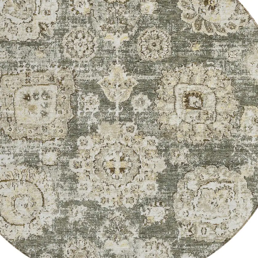 8' Taupe Beige And Gray Round Floral Washable Indoor Outdoor Area Rug Photo 4