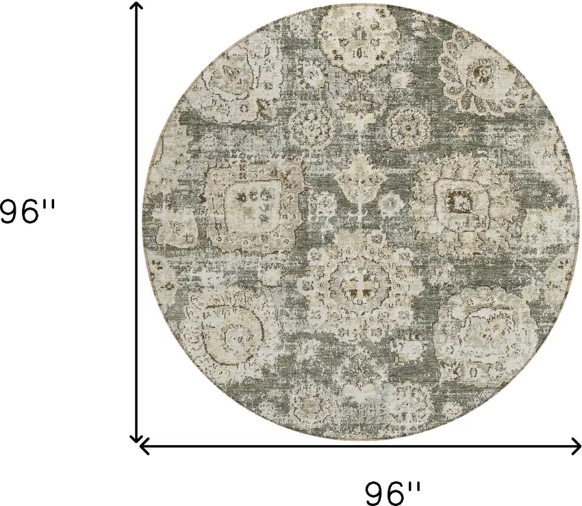 8' Taupe Beige And Gray Round Floral Washable Indoor Outdoor Area Rug Photo 8