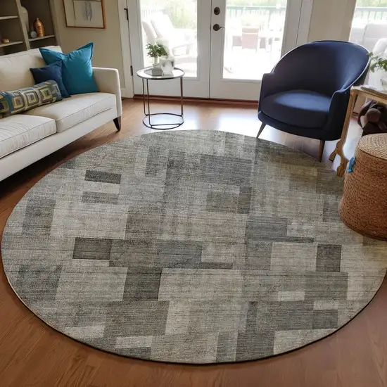 8' Taupe Beige And Gray Round Geometric Washable Indoor Outdoor Area Rug Photo 7