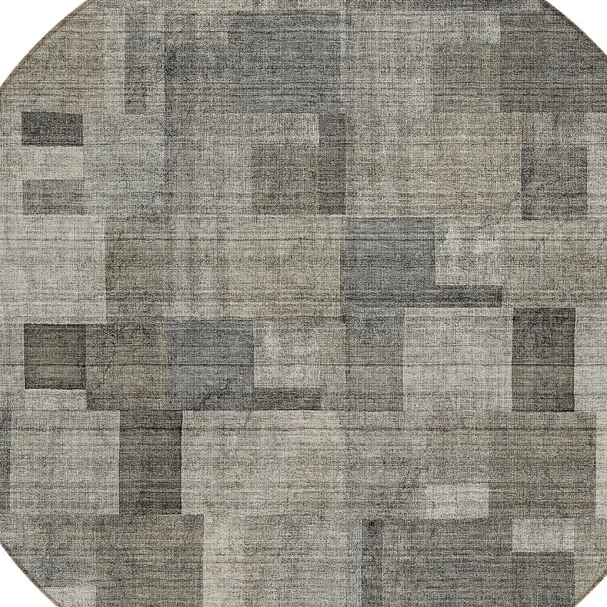 8' Taupe Beige And Gray Round Geometric Washable Indoor Outdoor Area Rug Photo 4