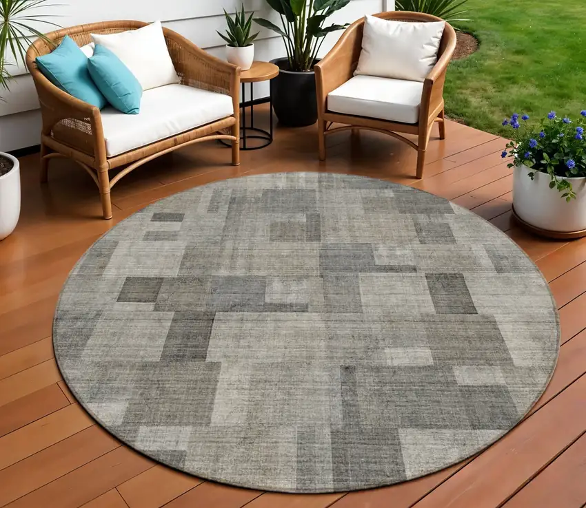 8' Taupe Beige And Gray Round Geometric Washable Indoor Outdoor Area Rug Photo 1