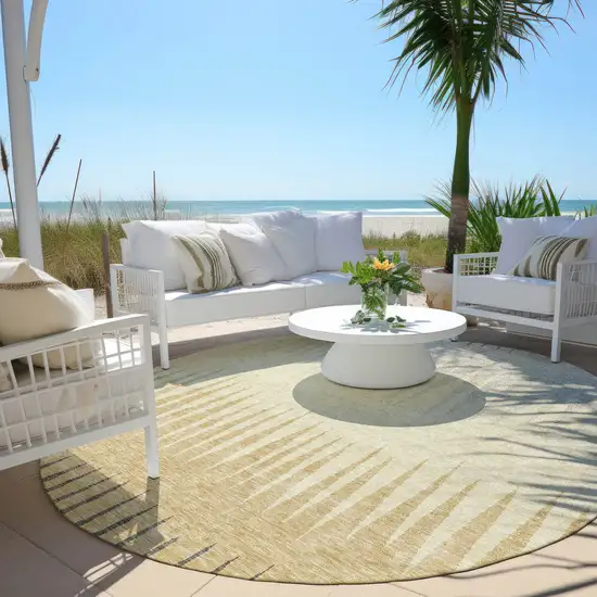 8' Taupe Beige And Gray Round Striped Washable Indoor Outdoor Area Rug Photo 6