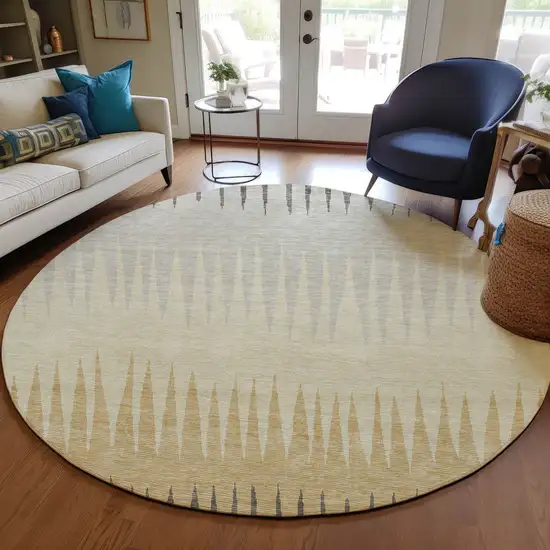 8' Taupe Beige And Gray Round Striped Washable Indoor Outdoor Area Rug Photo 7