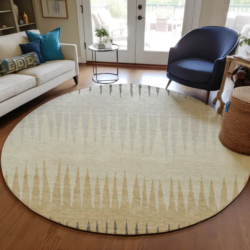 8' Taupe Beige And Gray Round Striped Washable Indoor Outdoor Area Rug Photo 7