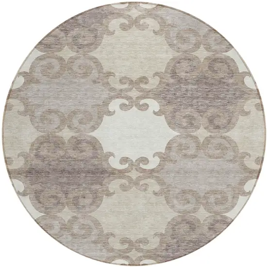 8' Taupe Beige And Gray Round Trellis Washable Indoor Outdoor Area Rug Photo 2