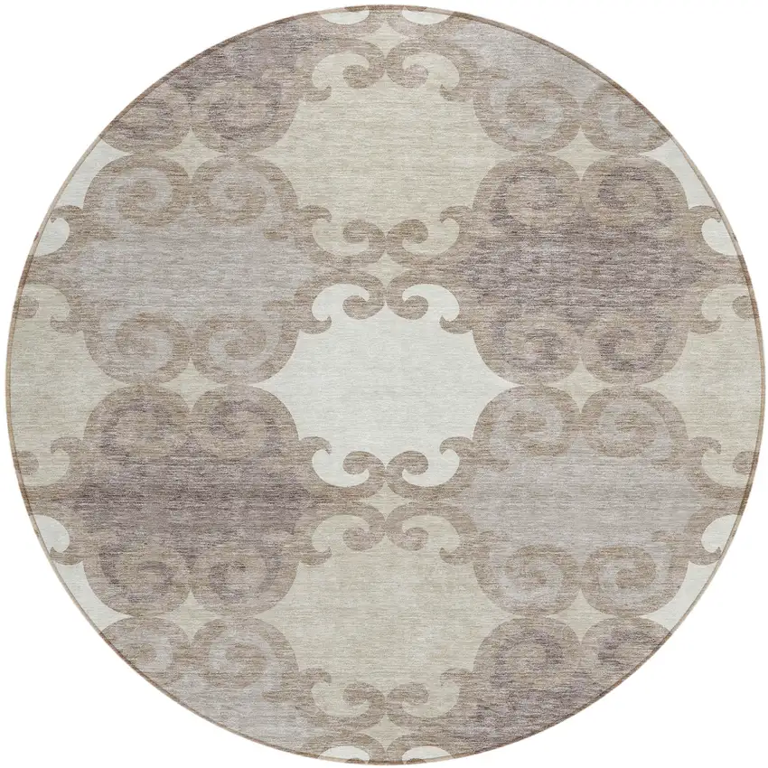 8' Taupe Beige And Gray Round Trellis Washable Indoor Outdoor Area Rug Photo 2