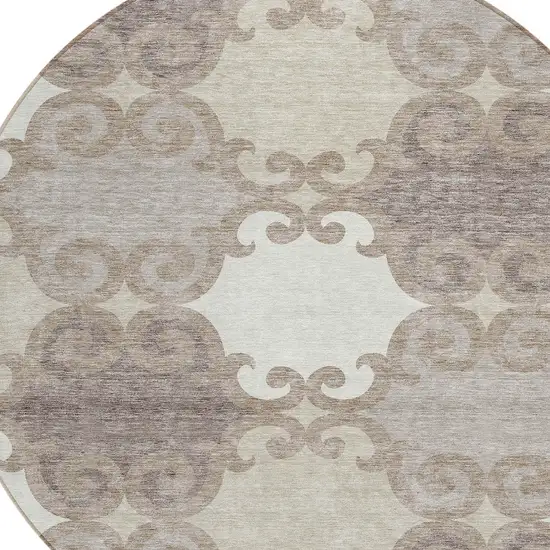 8' Taupe Beige And Gray Round Trellis Washable Indoor Outdoor Area Rug Photo 4