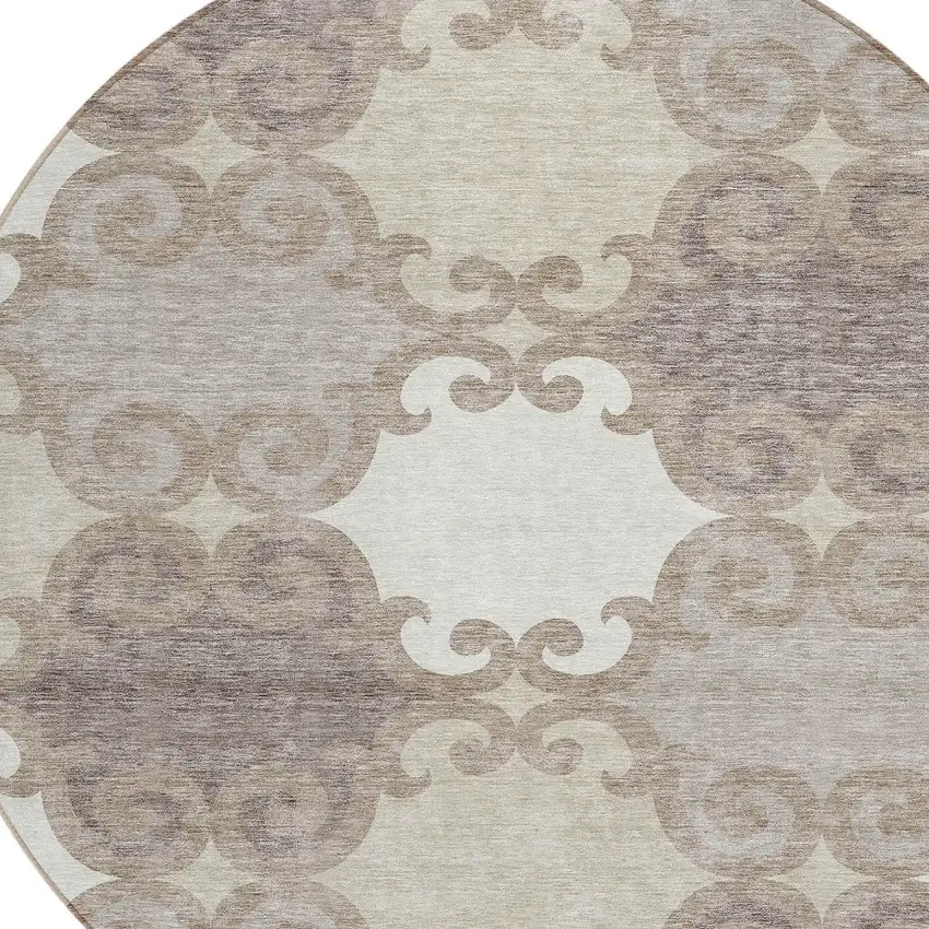 8' Taupe Beige And Gray Round Trellis Washable Indoor Outdoor Area Rug Photo 4
