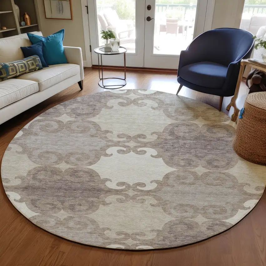 8' Taupe Beige And Gray Round Trellis Washable Indoor Outdoor Area Rug Photo 7