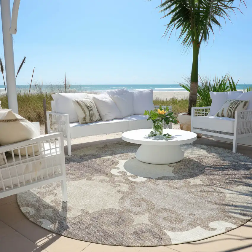 8' Taupe Beige And Gray Round Trellis Washable Indoor Outdoor Area Rug Photo 6