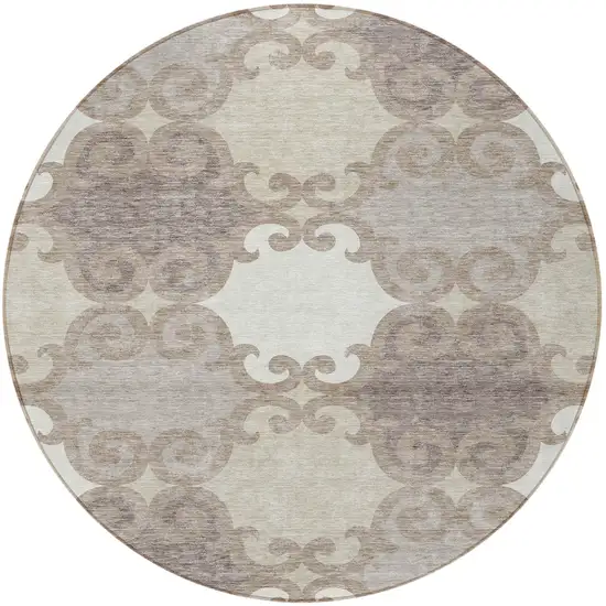 8' Taupe Beige And Gray Round Trellis Washable Indoor Outdoor Area Rug Photo 5