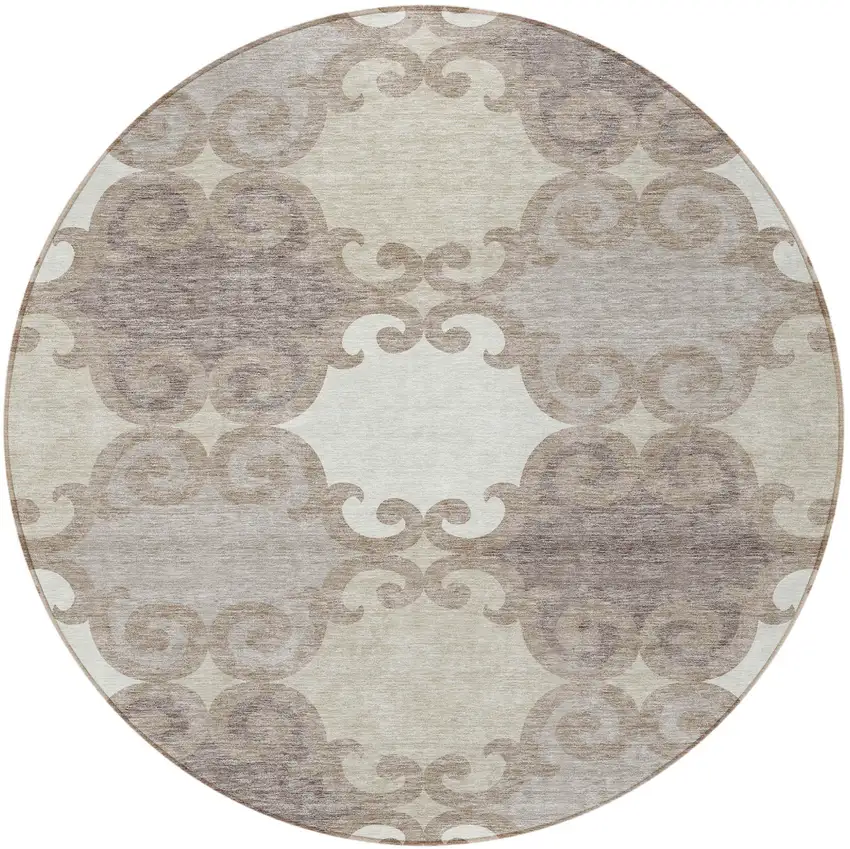 8' Taupe Beige And Gray Round Trellis Washable Indoor Outdoor Area Rug Photo 5