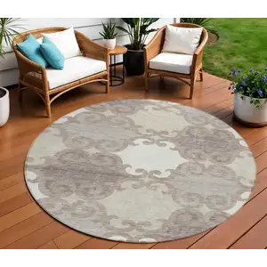 Photo of 8' Taupe Beige And Gray Round Trellis Washable Indoor Outdoor Area Rug