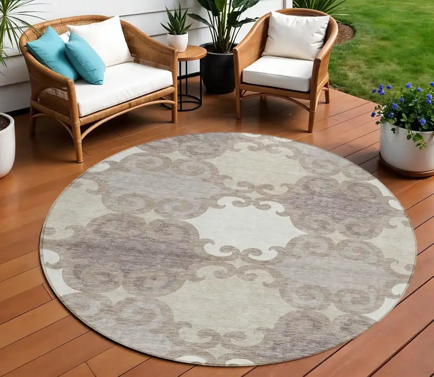 8' Taupe Beige And Gray Round Trellis Washable Indoor Outdoor Area Rug Photo 1