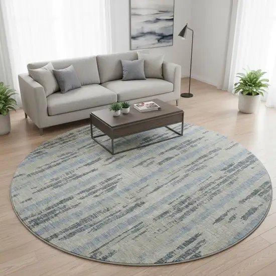 8' Taupe Beige And Gray Striped Washable Round Rug With UV Protection Photo 2