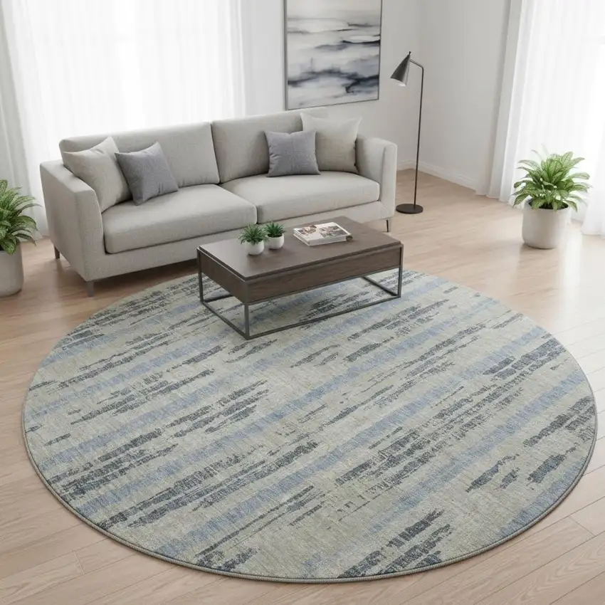 8' Taupe Beige And Gray Striped Washable Round Rug With UV Protection Photo 2