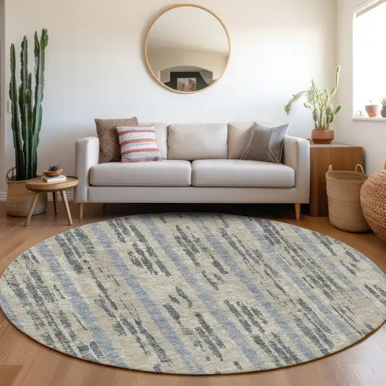 8' Taupe Beige And Gray Striped Washable Round Rug With UV Protection Photo 5