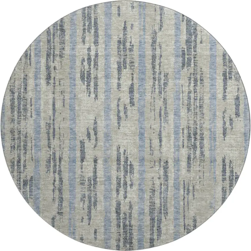 8' Taupe Beige And Gray Striped Washable Round Rug With UV Protection Photo 1