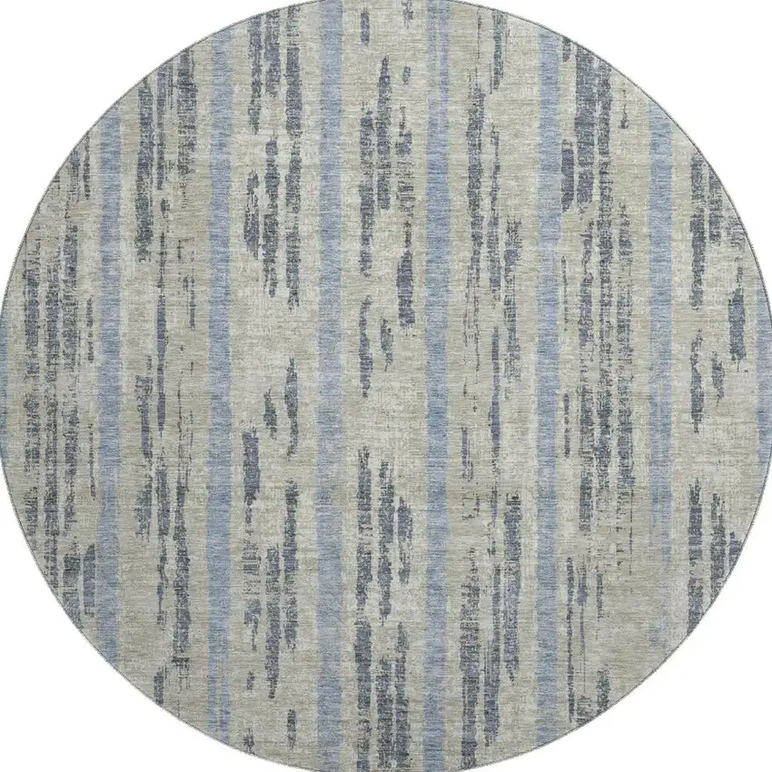 8' Taupe Beige And Gray Striped Washable Round Rug With UV Protection Photo 4