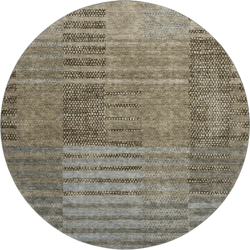 8' Taupe Beige And Gray Striped Washable Round Rug With UV Protection Photo 4