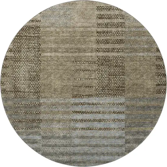 8' Taupe Beige And Gray Striped Washable Round Rug With UV Protection Photo 3