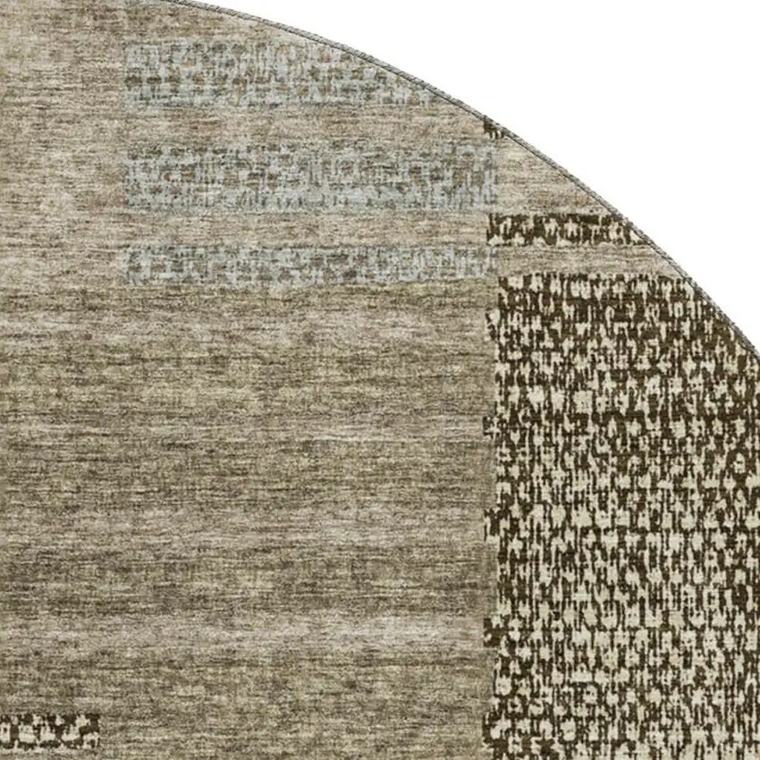 8' Taupe Beige And Gray Striped Washable Round Rug With UV Protection Photo 2