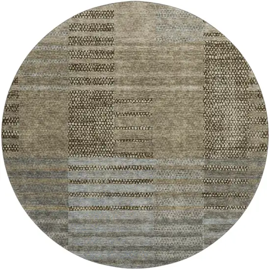 8' Taupe Beige And Gray Striped Washable Round Rug With UV Protection Photo 2