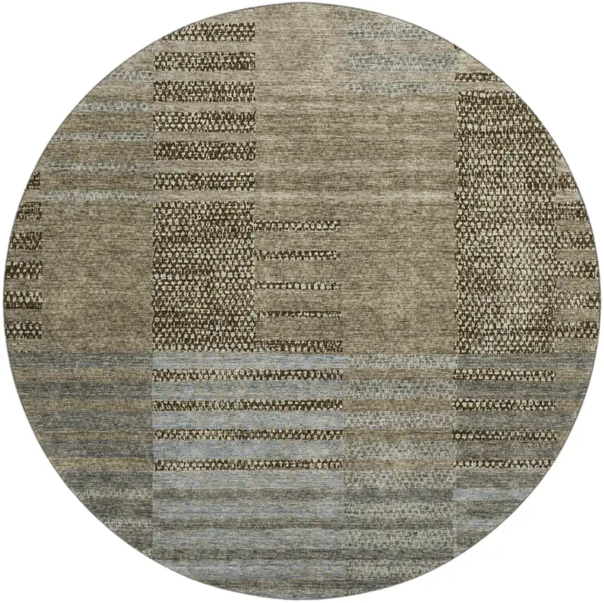 8' Taupe Beige And Gray Striped Washable Round Rug With UV Protection Photo 2