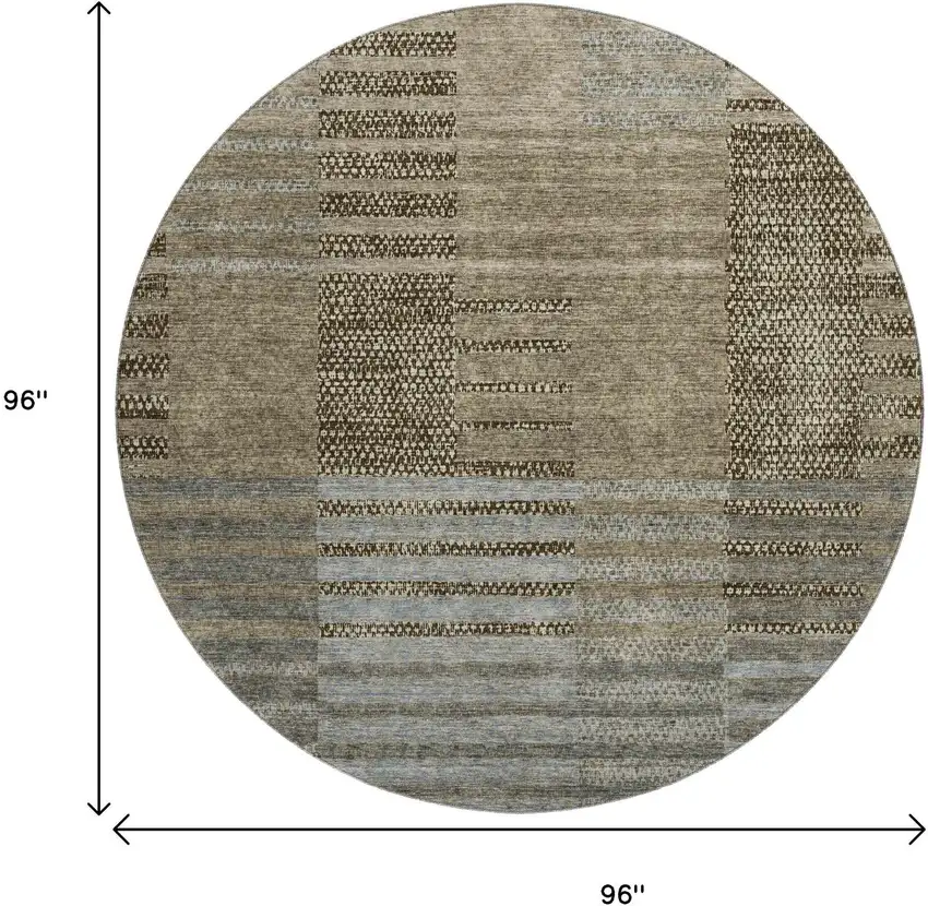 8' Taupe Beige And Gray Striped Washable Round Rug With UV Protection Photo 9