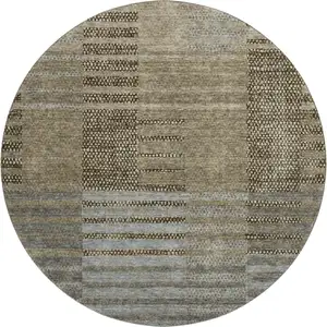 Photo of 8' Taupe Beige And Gray Striped Washable Round Rug With UV Protection