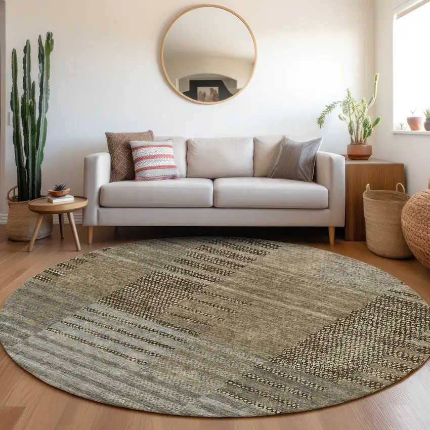8' Taupe Beige And Gray Striped Washable Round Rug With UV Protection Photo 4