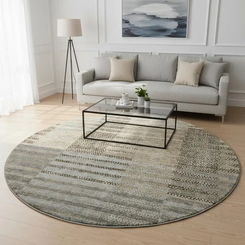 8' Taupe Beige And Gray Striped Washable Round Rug With UV Protection Photo 2