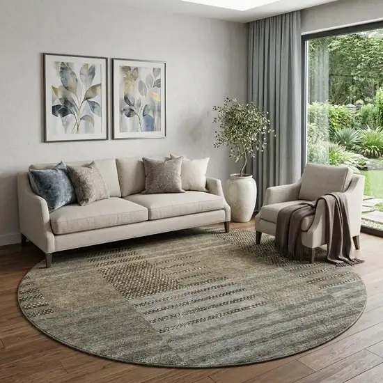 8' Taupe Beige And Gray Striped Washable Round Rug With UV Protection Photo 1