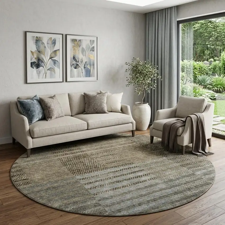 8' Taupe Beige And Gray Striped Washable Round Rug With UV Protection Photo 1