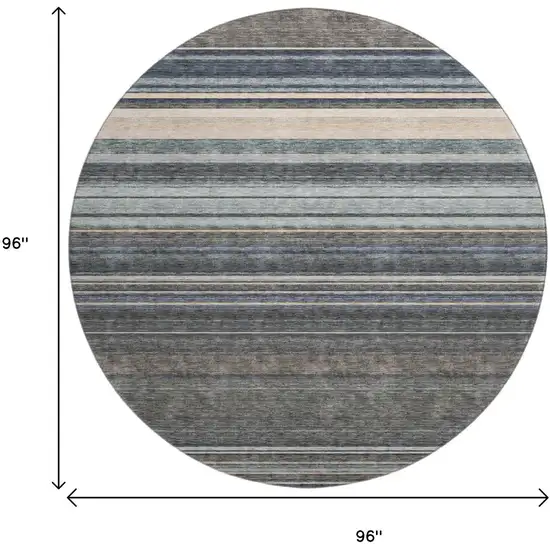 8' Taupe Beige And Gray Striped Washable Round Rug With UV Protection Photo 8