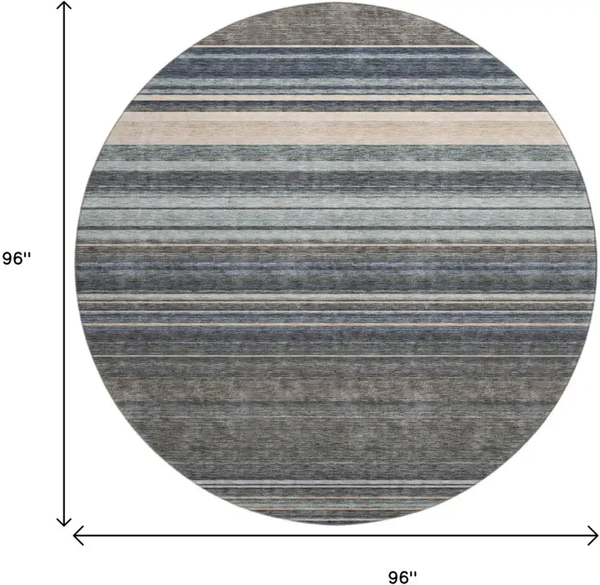 8' Taupe Beige And Gray Striped Washable Round Rug With UV Protection Photo 8