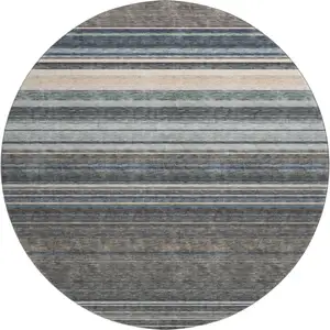 Photo of 8' Taupe Beige And Gray Striped Washable Round Rug With UV Protection