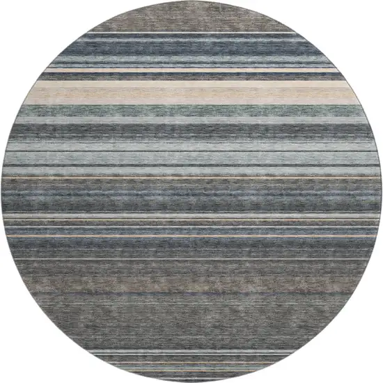 8' Taupe Beige And Gray Striped Washable Round Rug With UV Protection Photo 1