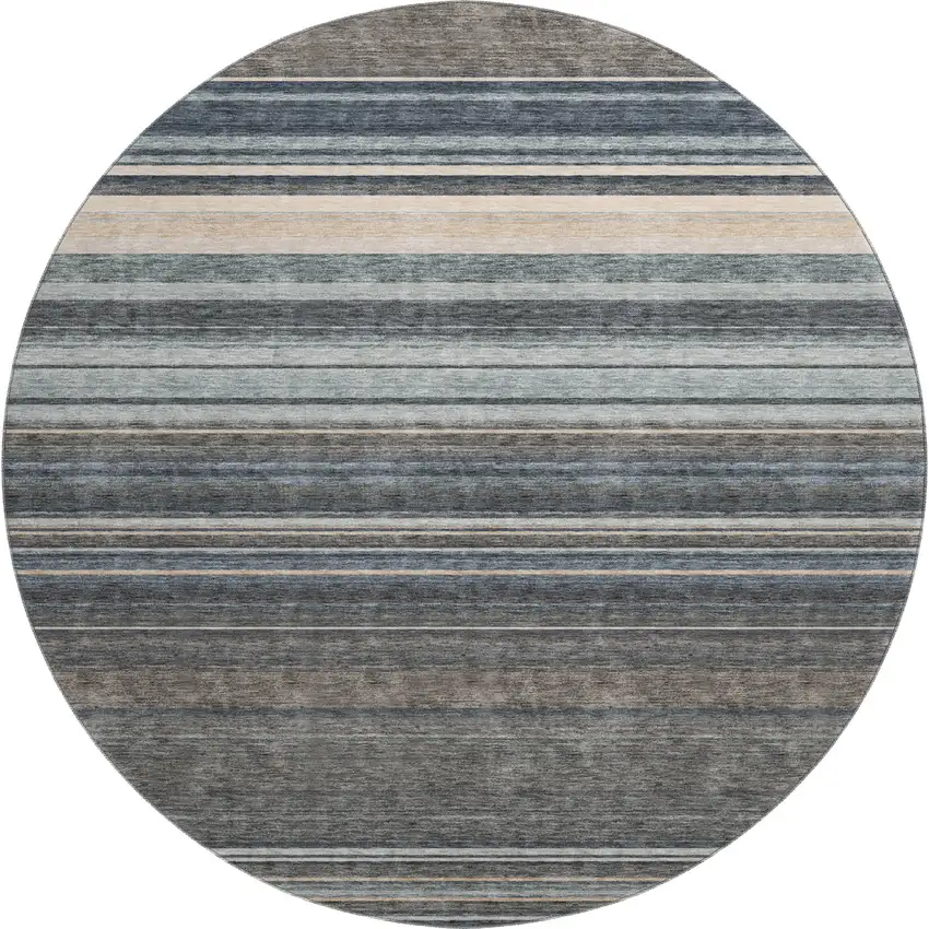 8' Taupe Beige And Gray Striped Washable Round Rug With UV Protection Photo 1