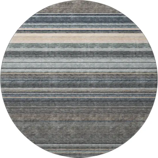 8' Taupe Beige And Gray Striped Washable Round Rug With UV Protection Photo 2