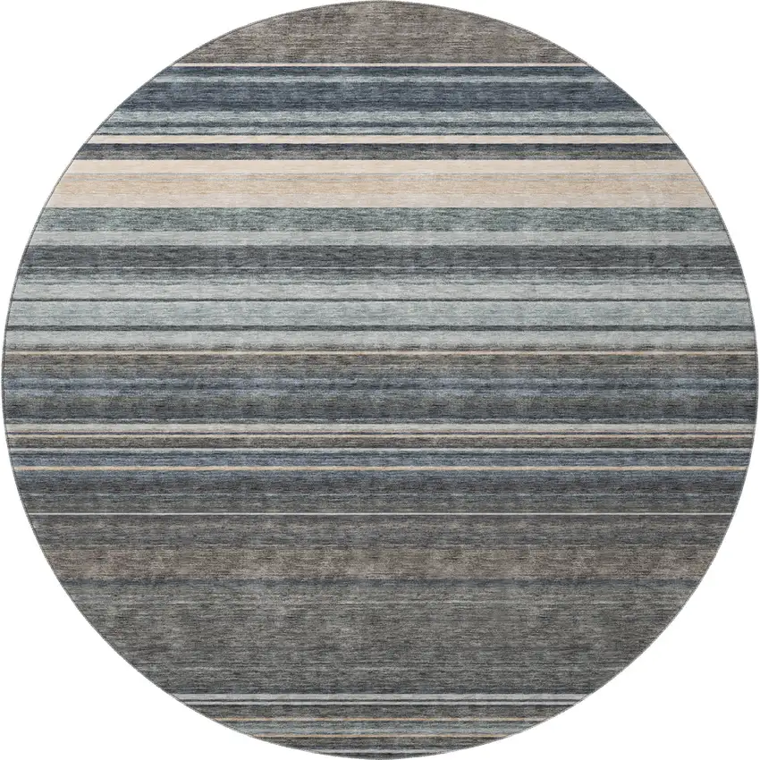 8' Taupe Beige And Gray Striped Washable Round Rug With UV Protection Photo 2